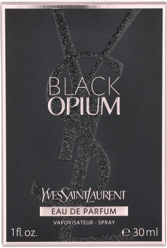 Zwarte Yves Saint Laurent 'Black Opium' verpakking met glitterende YSL logo's en tekst.