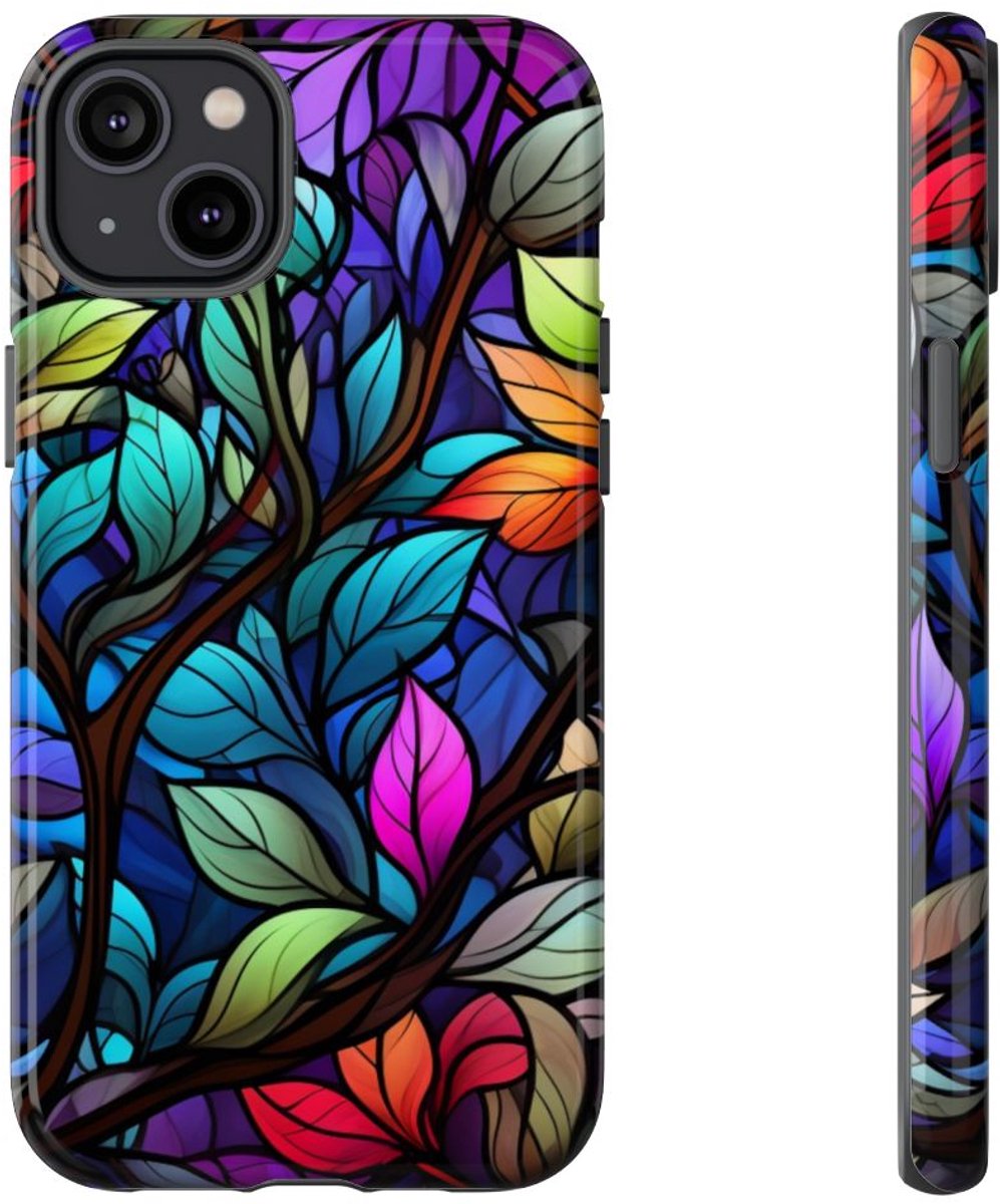 Kleurrijk Glas-in-Lood Bladerenpatroon – Telefoonhoesje Geschikt voor iPhone 14 Plus