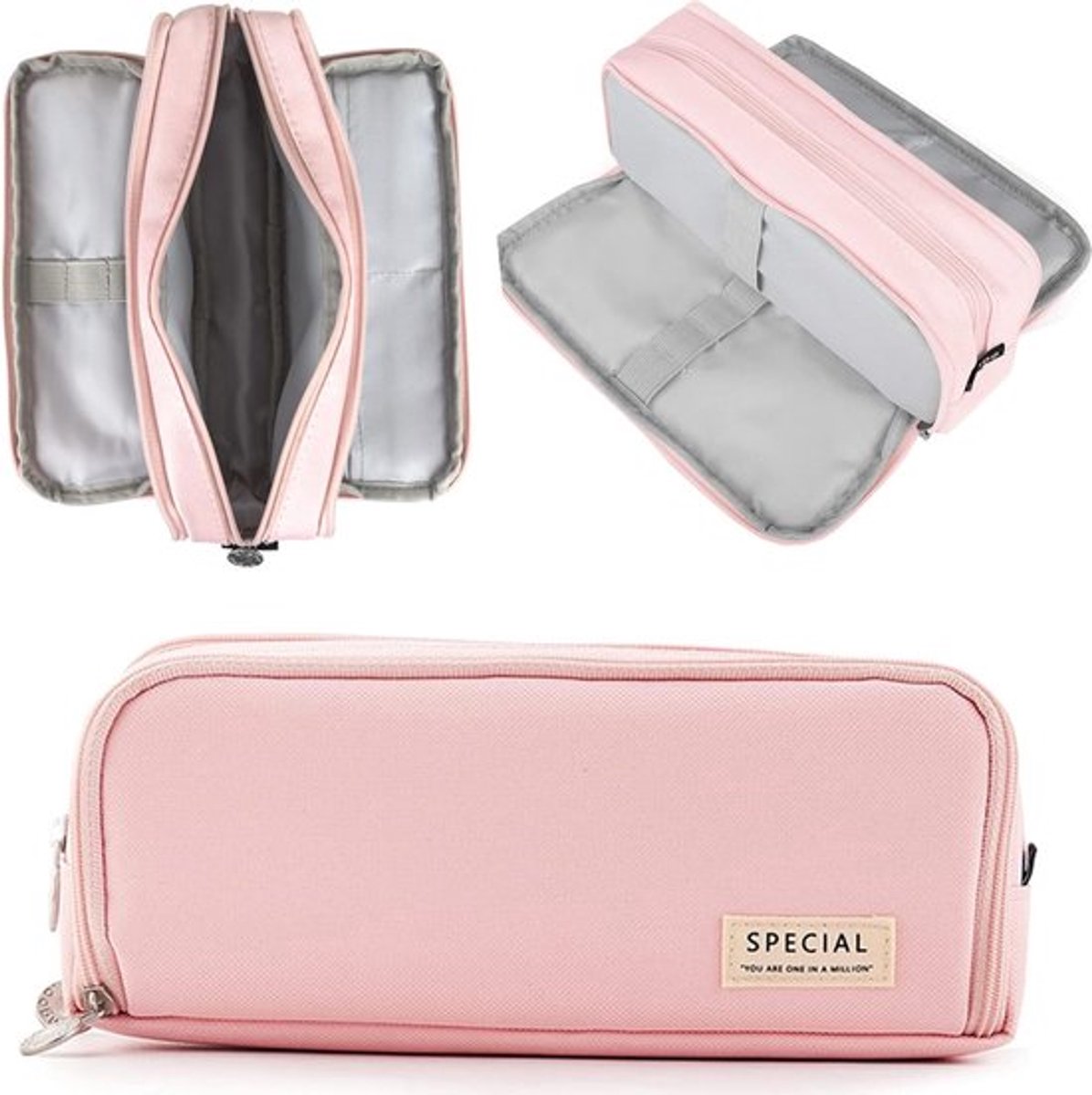 Pennenetui voor meisjes en jongens, Bevat 3 compartimenten, groot, etui voor meisjes en tieners, voor kinderen, studenten, volwassenen, school, kantoor, make-up, cadeau, roze, visitekaartjeshouder-Roze