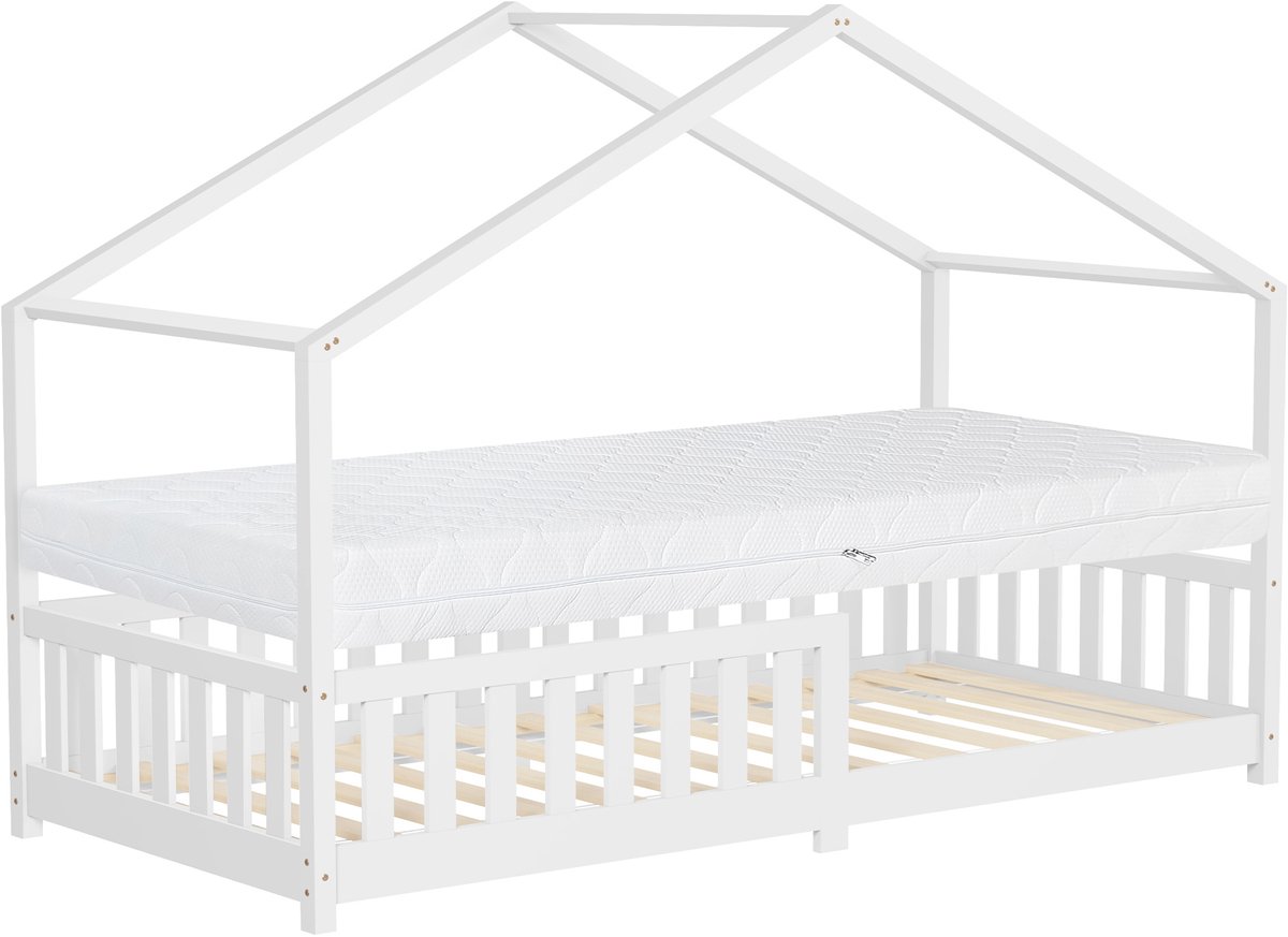 ml-design Montessori kinderbed huisbed 90x200 cm wit met matras H:16 cm houten bed valbeveiliging lattenbodem dak speelbed grenenhout meisjes jongens kinderen junior vloerbed bedframe kinderkamer speels houten huisbed