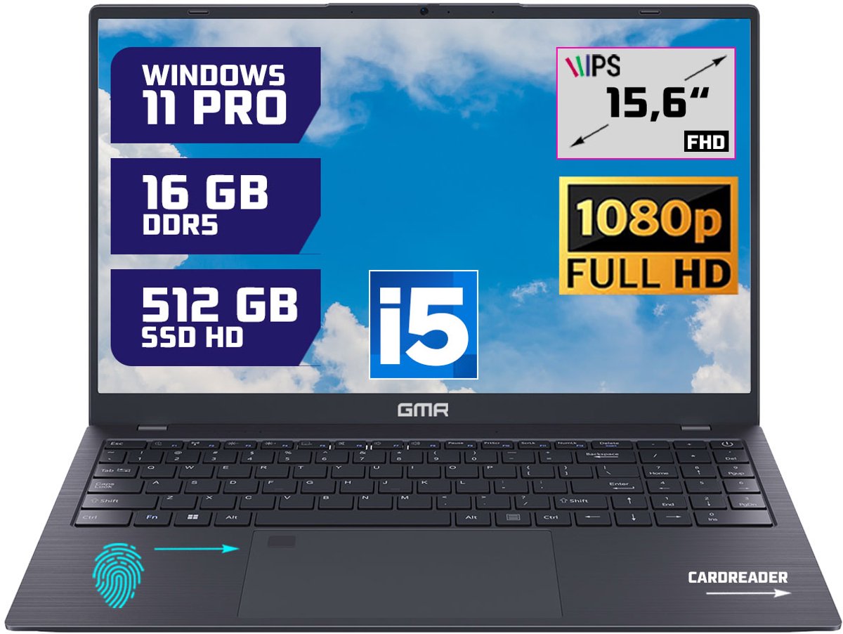 GMR - 15.6 Inch Full HD Laptop - Intel Core i5 - 16GB DDR5 RAM - 512GB SSD - Windows 11 Pro voor Thuis, Office en Studie notebook