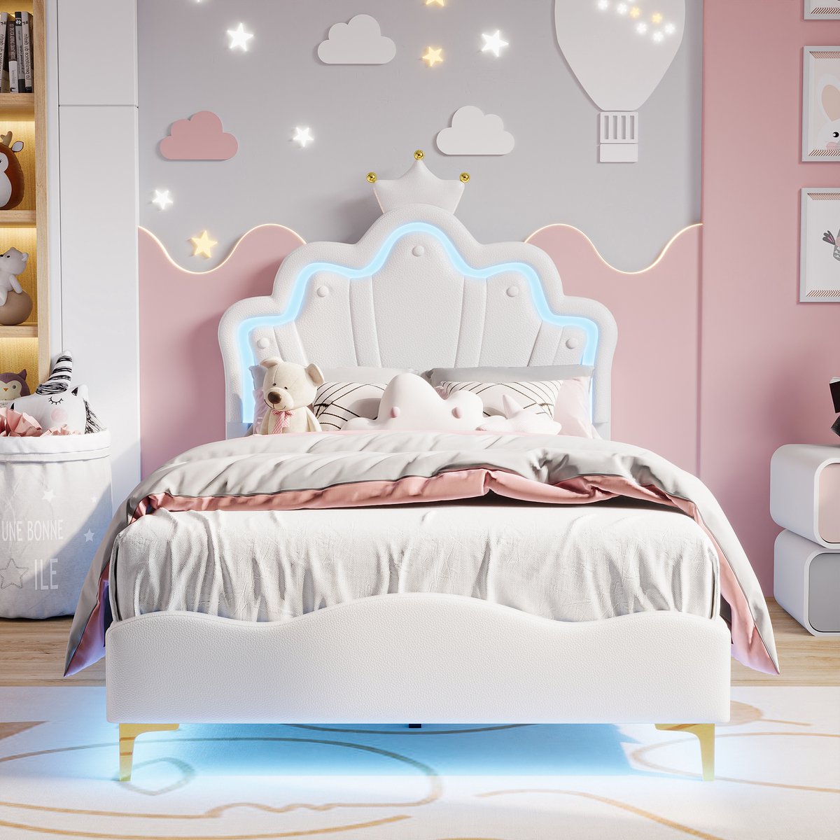 Gestoffeerd kinderbeden 90x200 cm met LED - eenpersoonsbed voor meisjes, tienerbed met in hoogte verstelbaar hoofdeinde en lattenbodem, prinsessenkroonbed PU Wit (zonder matras)