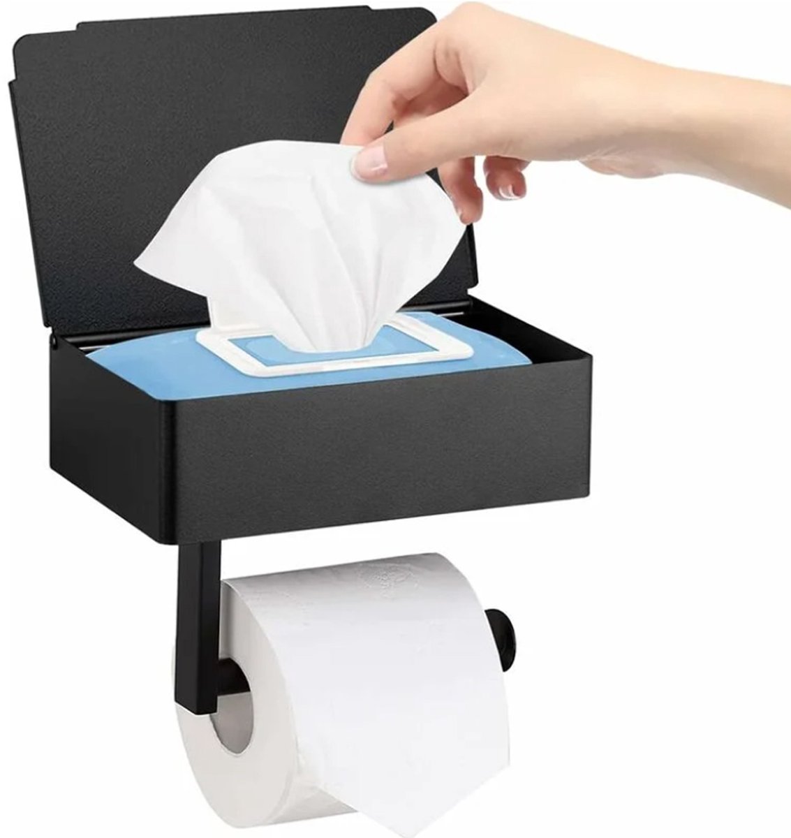 Toiletrolhouder Zonder Boren – 3-in-1 Zelfklevende WC Rolhouder met Doekjesbox – Zwarte RVS Toiletpapierhouder voor Badkamer & Toilet