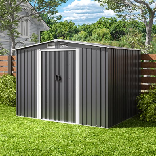 Xbro Tuinhuis – Metalen Gereedschapsschuur – Weerbestendige Tuinberging –Voor Achtertuin, Terras en Grasveld – 258x207x179 cm – Lichtgrijs