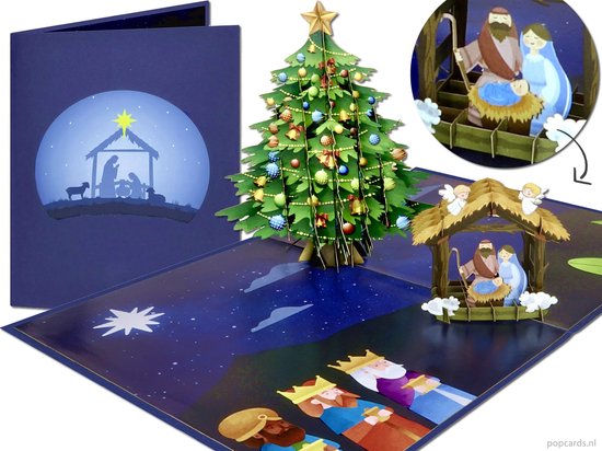 Kerstkaart met een 3D-kerststal, Jezus, Maria en Jozef in de kribbe, met engelen en de drie koningen. Kerstboom in het midden.