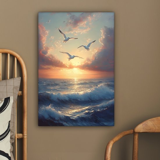 Tableau sur toile 60x90 cm - Décoration murale exclusive Mouettes - Coucher de soleil - Mer - Nuages ​​- Décoration murale salon - Décoration chambre - Accessoires chambre - Peintures sur toile
