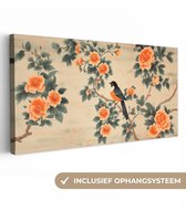 Canvas schilderij 100x50 cm - Exclusieve wanddecoratie Vogel - Tak - Bloemen - Oranje - Muurdecoratie woonkamer - Slaapkamer decoratie - Kamer accessoires - Schilderijen op canvas
