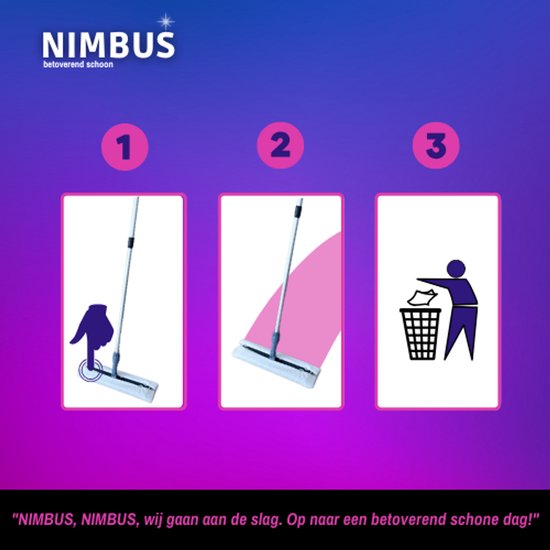 Instructies voor het gebruik van de Nimbus vloerwisser: vastmaken, dweilen en weggooien.