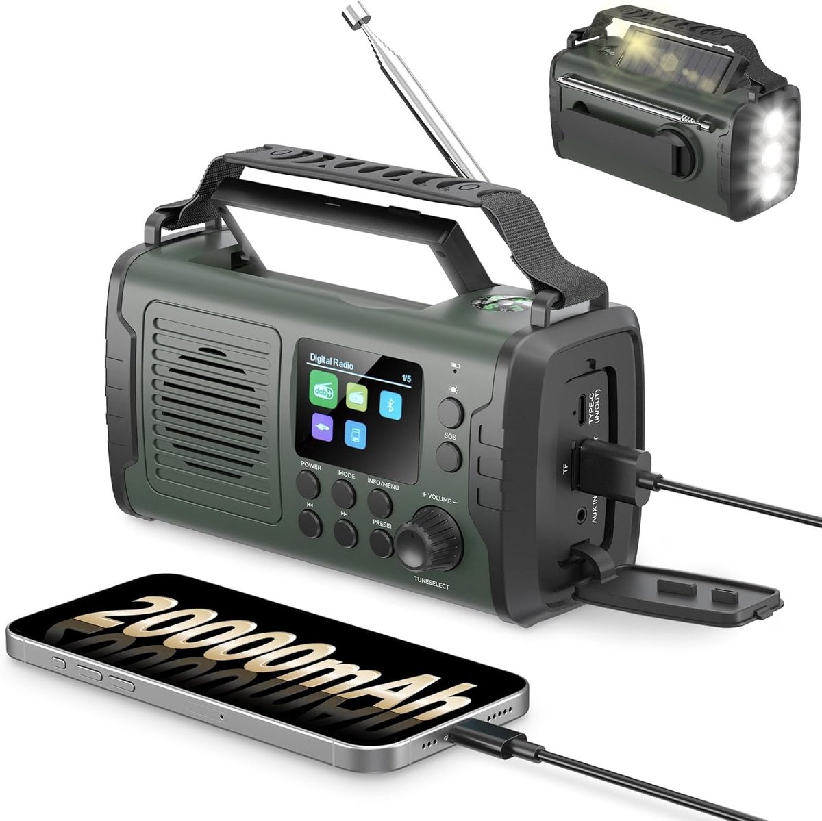 Noodradio DAB FM - Draagbare Radio - Veilig Buiten - Grote Accu - 20000 mAh - Groen