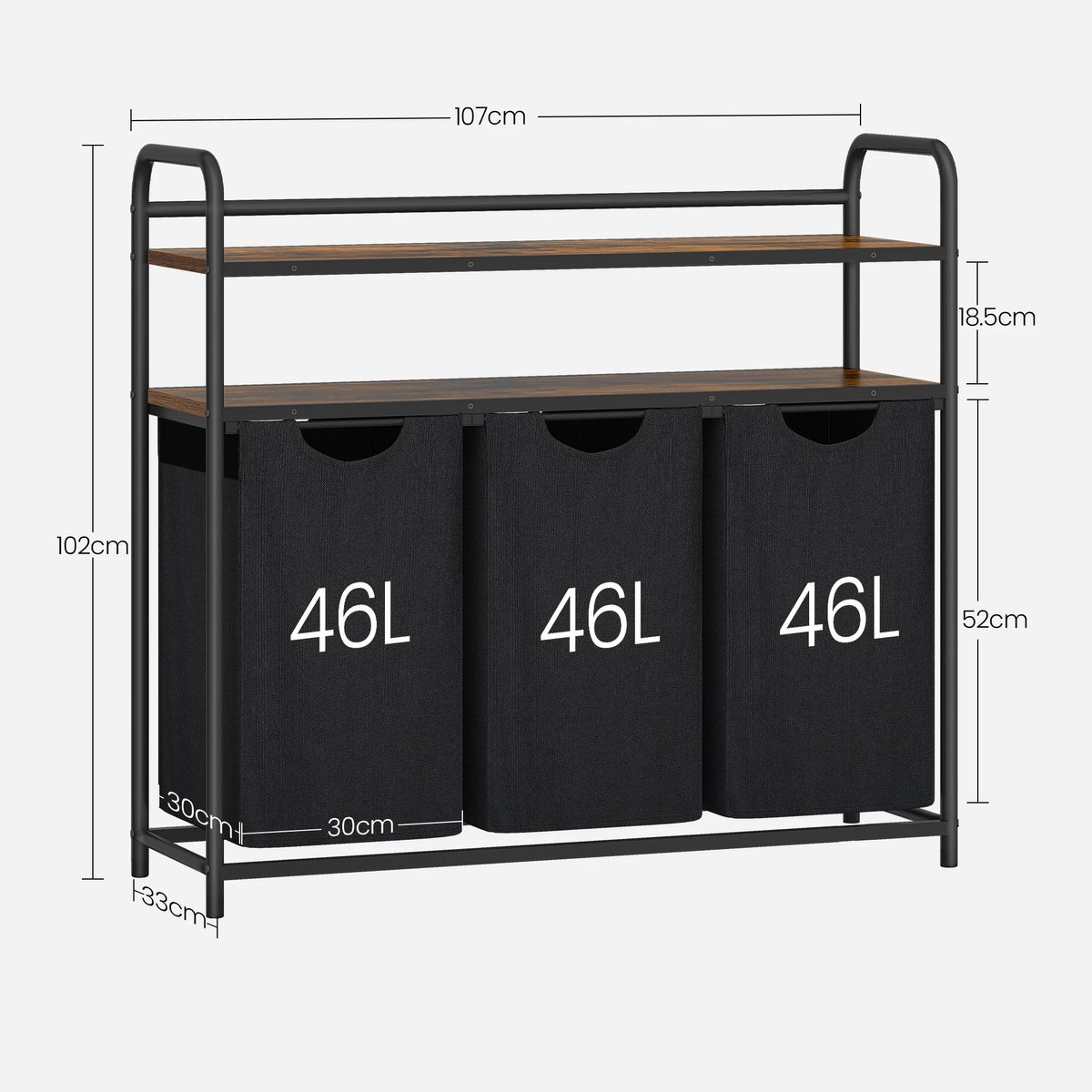 NaevaMi - Wasmand 3 Vakken - Wasmanden - Wassorteerder - Wasmand Zwart - Wassorteerder 3 Vakken - Badkamerkast Met Wasmand - 3x 46L - 2 Planken - Met Wielen