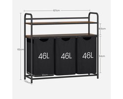 NaevaMi - Wasmand 3 Vakken - Wasmanden - Wassorteerder - Wasmand Zwart - Wassorteerder 3 Vakken - Badkamerkast Met Wasmand - 3x 46L - 2 Planken - Met Wielen