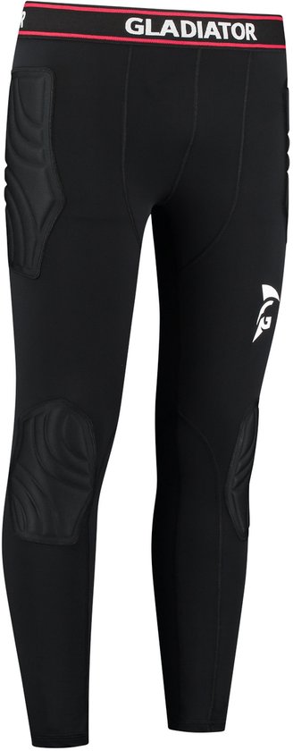 Voorkant van zwarte sportlegging met padding op heup en knie en Gladiator logo.