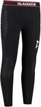 Voorkant van zwarte sportlegging met padding op heup en knie en Gladiator logo.