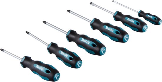 Set van vijf schroevendraaiers met zwarte en turquoise handvatten, waarvan de maten op de handvatten staan.