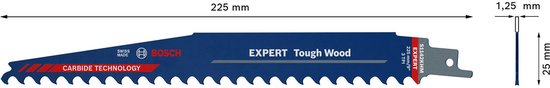 Bosch EXPERT Tough Wood reciprozaagblad, 225 mm lang, met CARBIDE TECHNOLOGY.