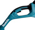Close-up van turquoise Makita grastrimmer handvat.