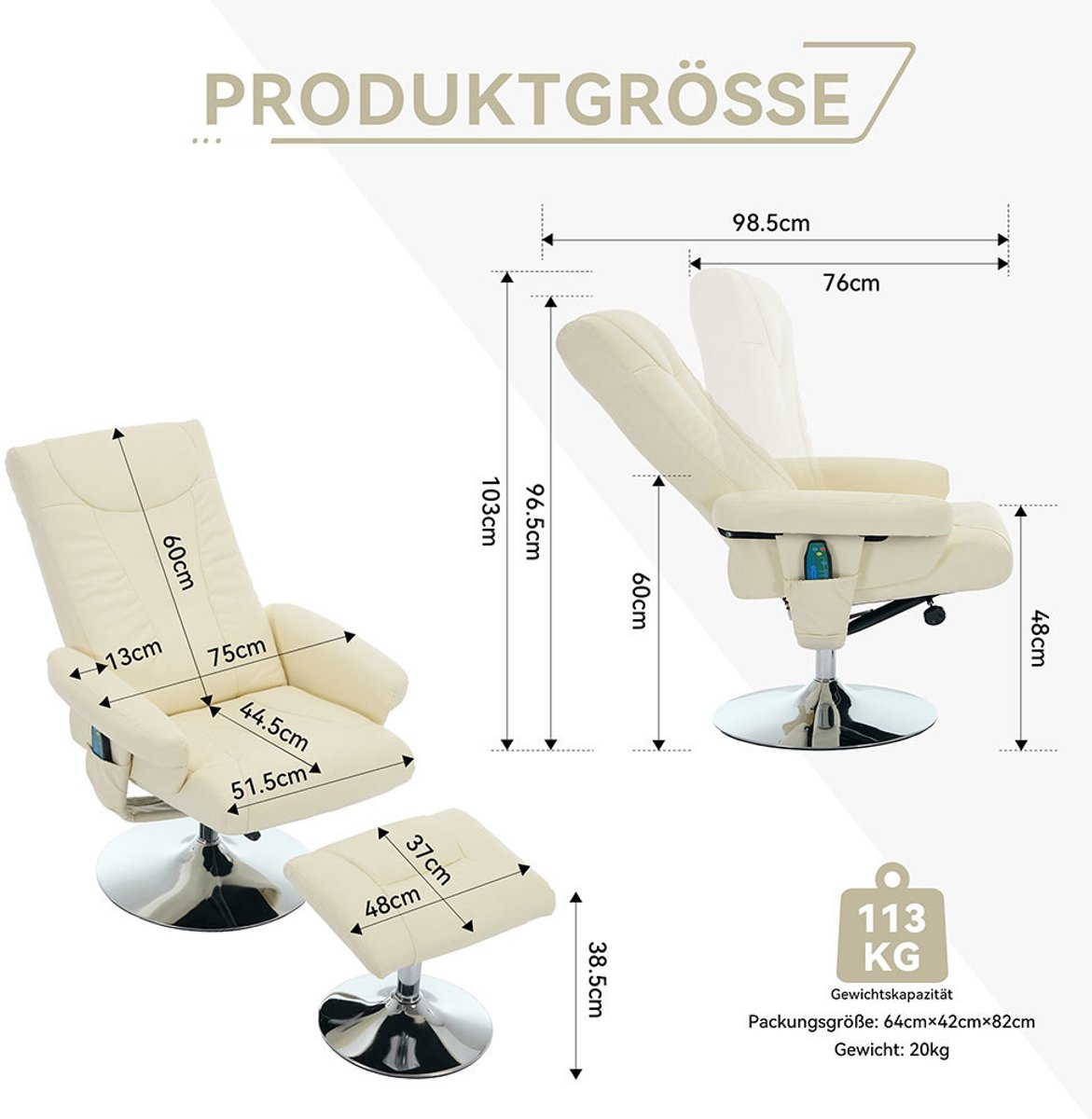 BLACKCOLORS Relaxfauteuil met Massage en Verwarming Beige - afbeelding 3