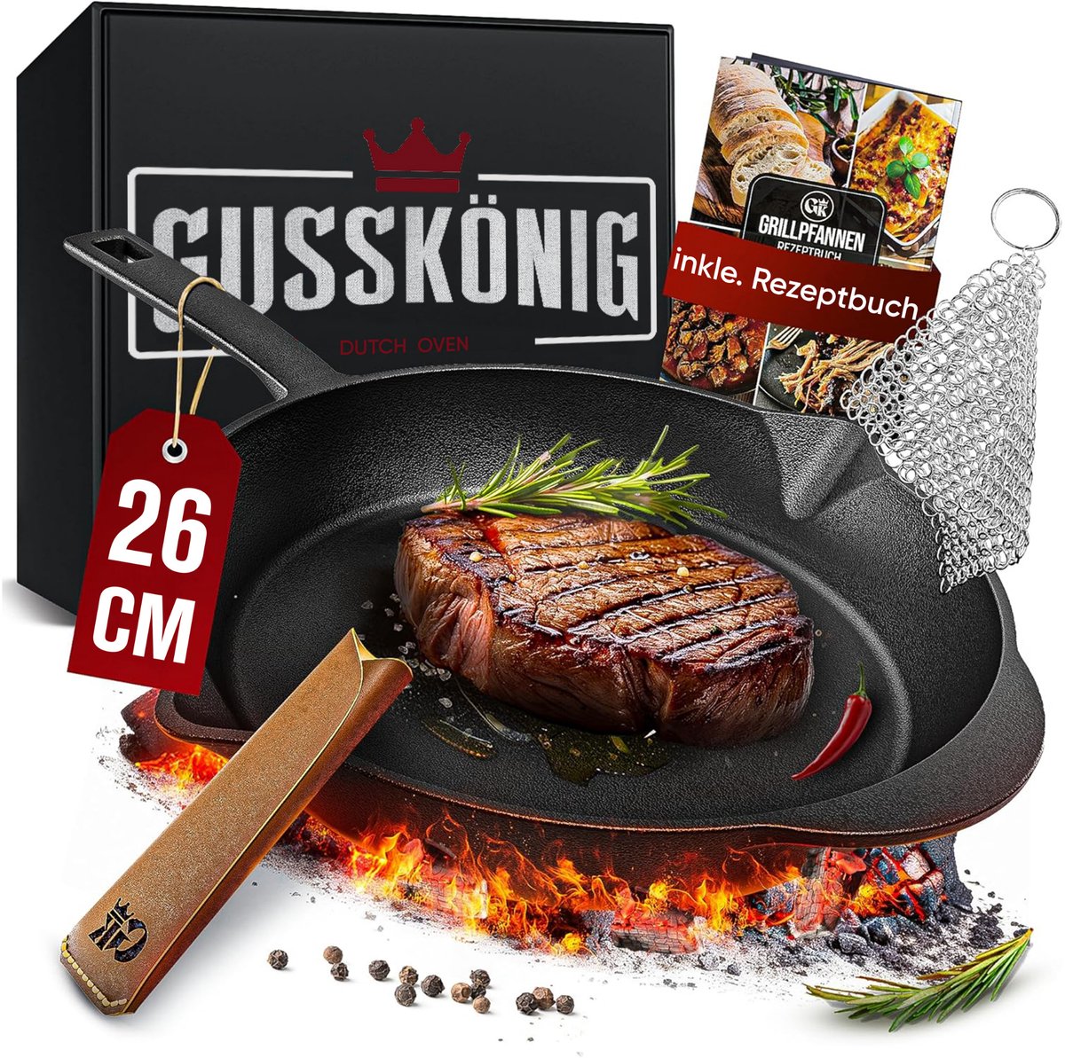 GUSSKÖNIG Koekenpan - Braadpan 30cm met roestvrijstalen ringreiniger en lederen handgreepbescherming - koekenpan inductie
