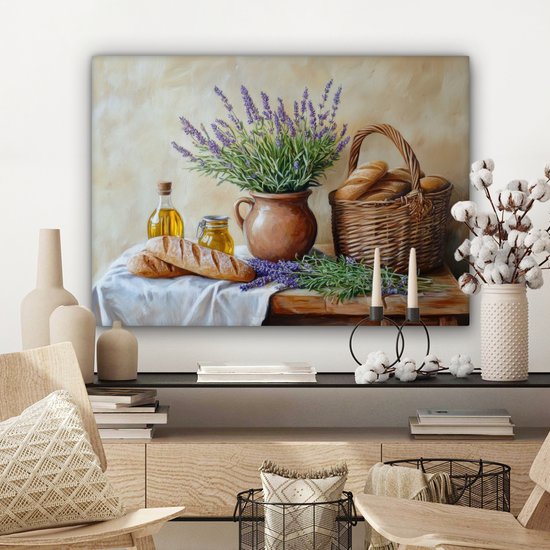 Peinture sur toile 80x60 cm - Décoration murale Lavande - Pain - Nature morte - Décoration murale murale salon - Décoration chambre - Accessoires de chambre - Peintures sur toile