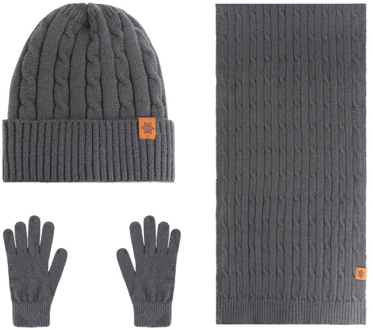 Herenmuts, sjaal en touchscreen-handschoenen, 3 stuks, warme, dikke gebreide muts, lange gebreide sjaal (geschikt voor hoofdomtrek 54-60 cm),Donkergrijs
