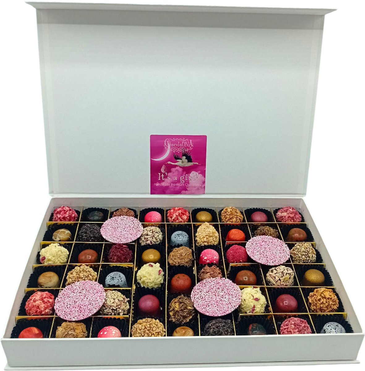 Geboortebox Heel groot 54 It's a Girl luxe chocolade Truffels & Pralines: Geboortebox_Geboortecadeau_Kraamcadeau_Cadeau Baby_Handgemaakte chocolade geboorte cadeau_Chocoladetruffels_Bonbons_Geschenkdoos_Moeder_Vegatarisch_Baby Love