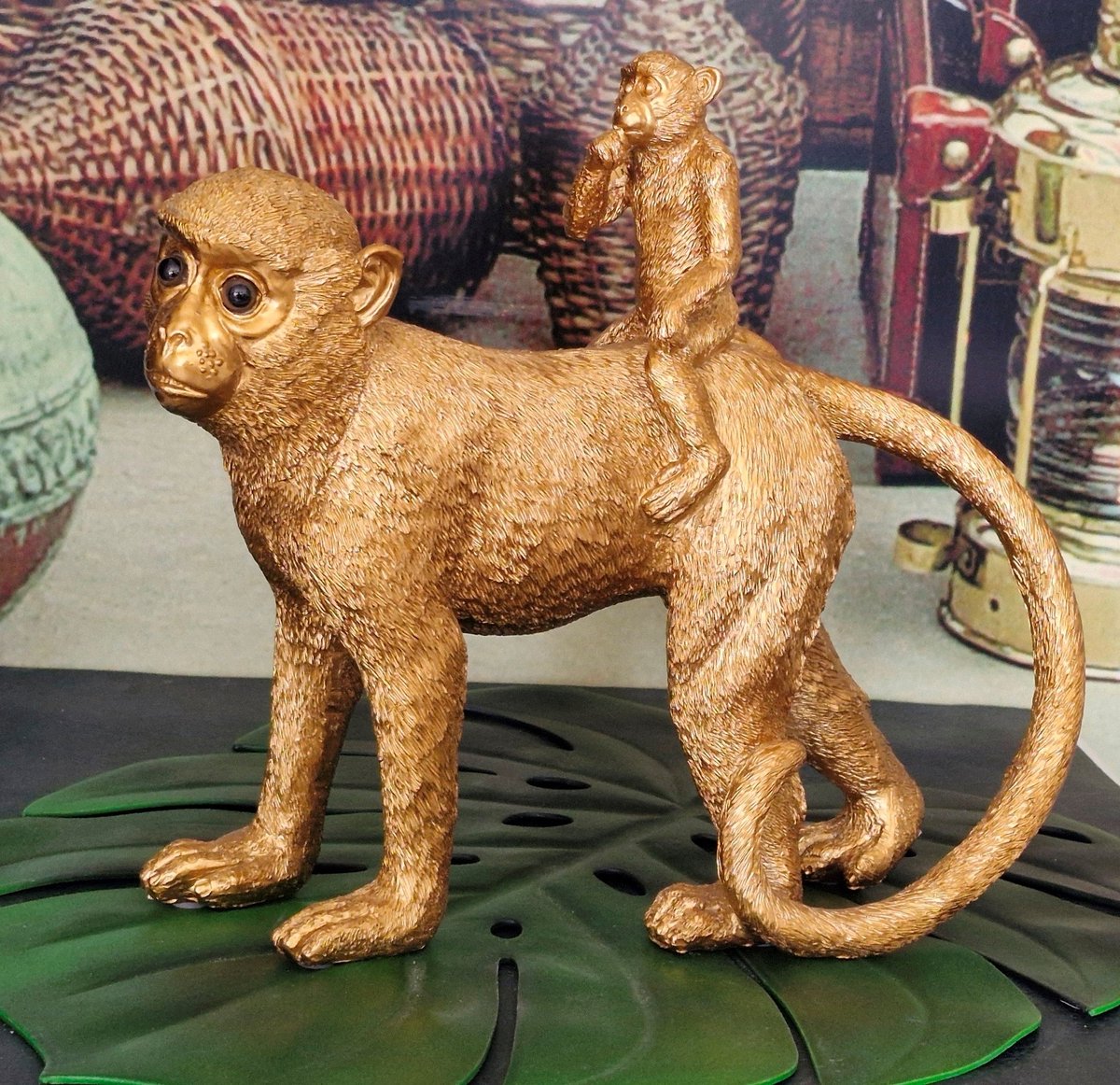 Decoratief beeld/figuur - Gouden Aap met Baby op de Rug - (bxhxd) ca. 31cm x 29cm x 13cm