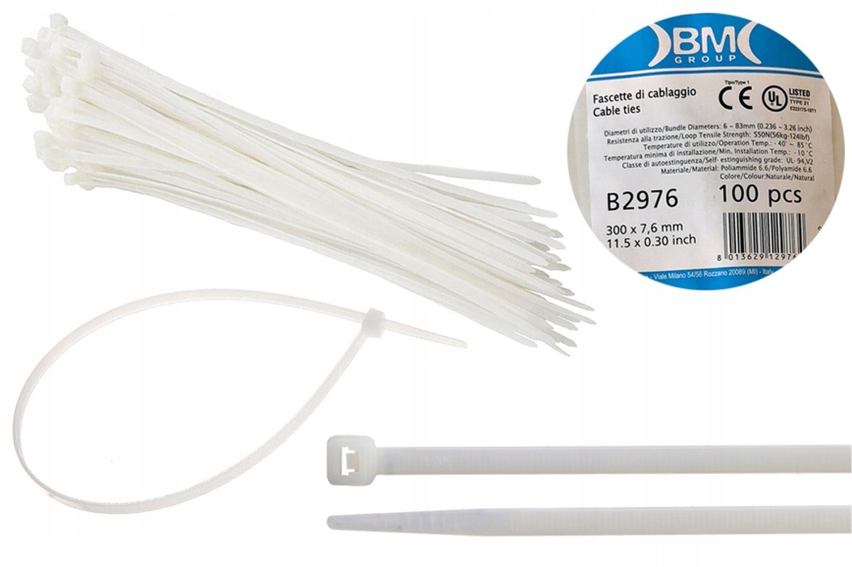 Kabelbinders 300x7.6mm PA6.6 Natuurlijk 100 stuks - Hoge Kwaliteit