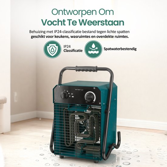Groene verwarming met draaggreep, die spuitwaterdicht is met "IP24 Classificatie".