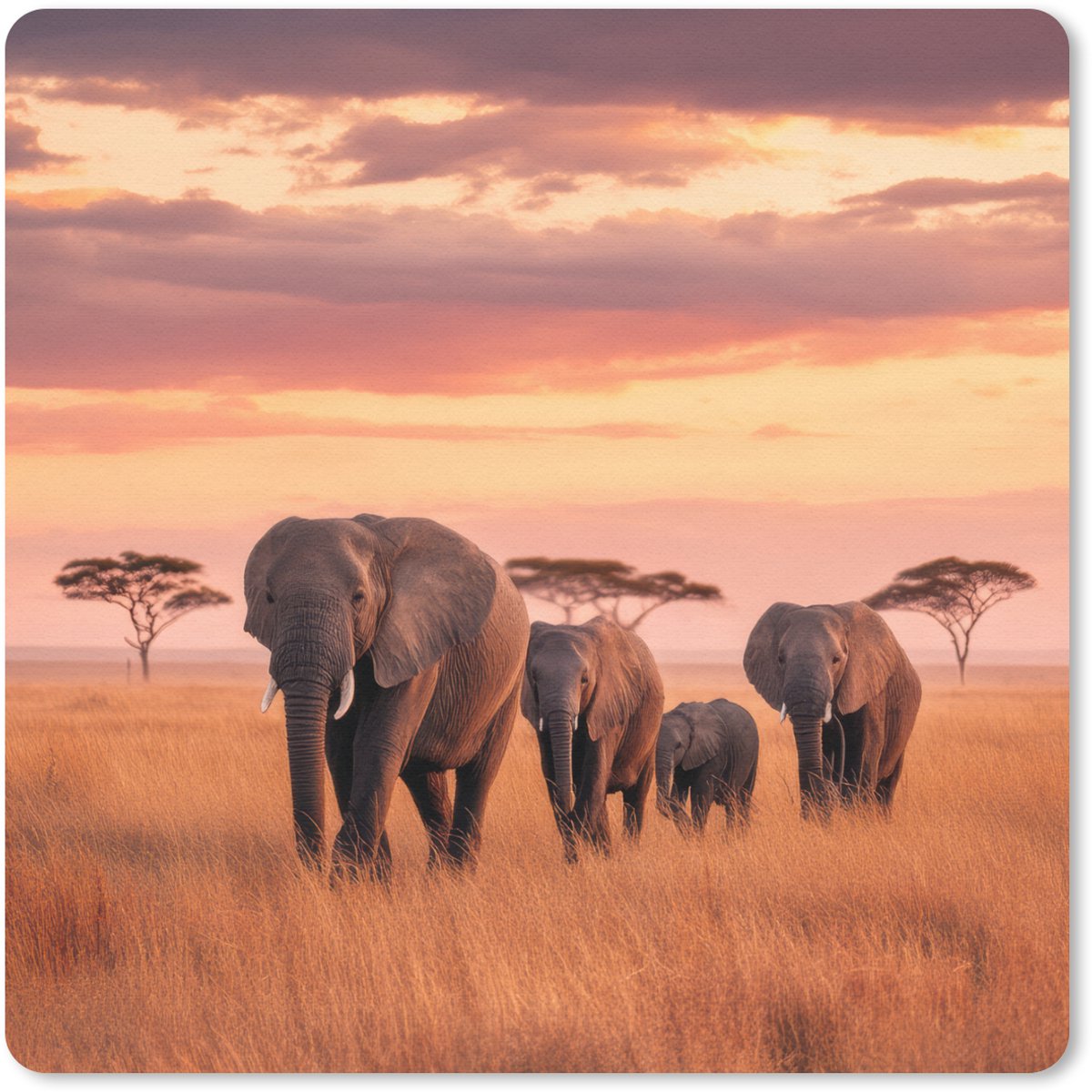 Muismat 20x20 cm - Mousepad Groep olifanten - Open vlakte - Zon - Muismatten