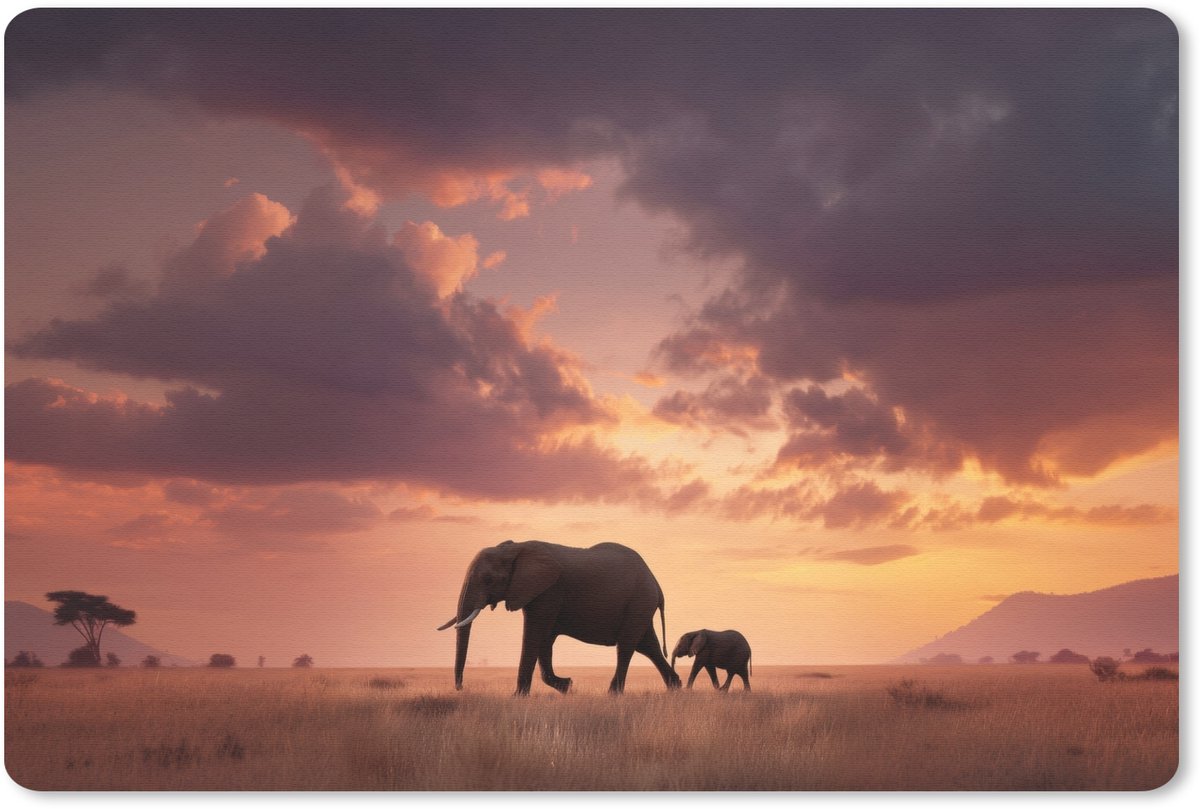 Muismat 27x18 cm - Mousepad Olifanten - Grasland - Zonsondergang - Muismatten