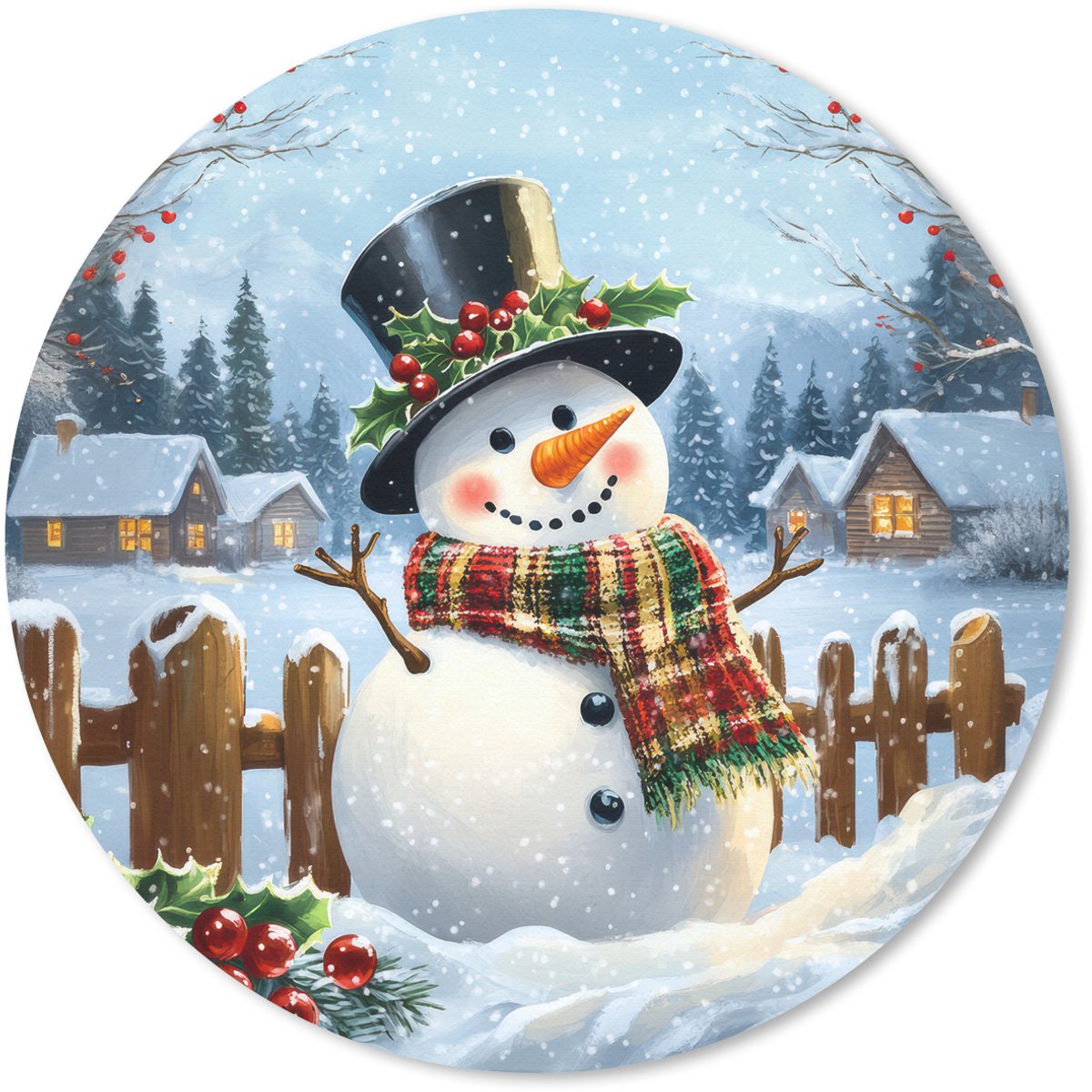Muismat rond 40x40 cm - Mousepad Sneeuwpop - Winterdorp - Kleurrijk - Ronde muismatten