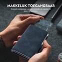 Blauwe pasjeshouder met een hand die een kaart uitschuift met de hendel. Makkelijk toegankelijk.