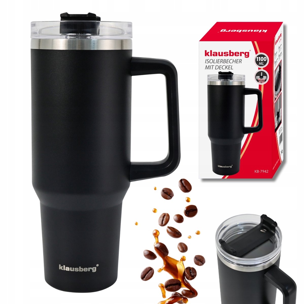 Klausberg KB-7942 Thermische Mok - 1100 ml - Dubbelwandige Isolatie - Met Handvat en Drinkdop - Geschikt voor Warme en Koude Dranken - Thermoskan - Thermosfles - Thermosbeker - Warmhouder voor Drank