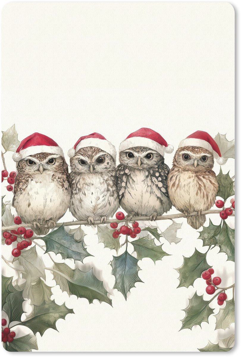Muismat 18x27 cm - Mousepad Uilen - Tak - Hulstblaadjes - Kerstmuts - Muismatten