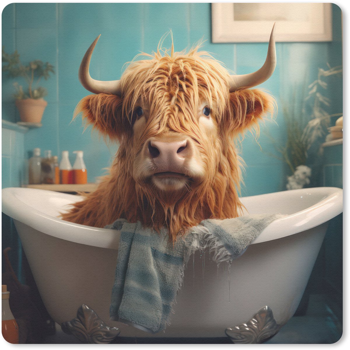 Muismat 30x30 cm - Mousepad Schotse hooglander - Badkamer - Blauw - Bad - Muismatten