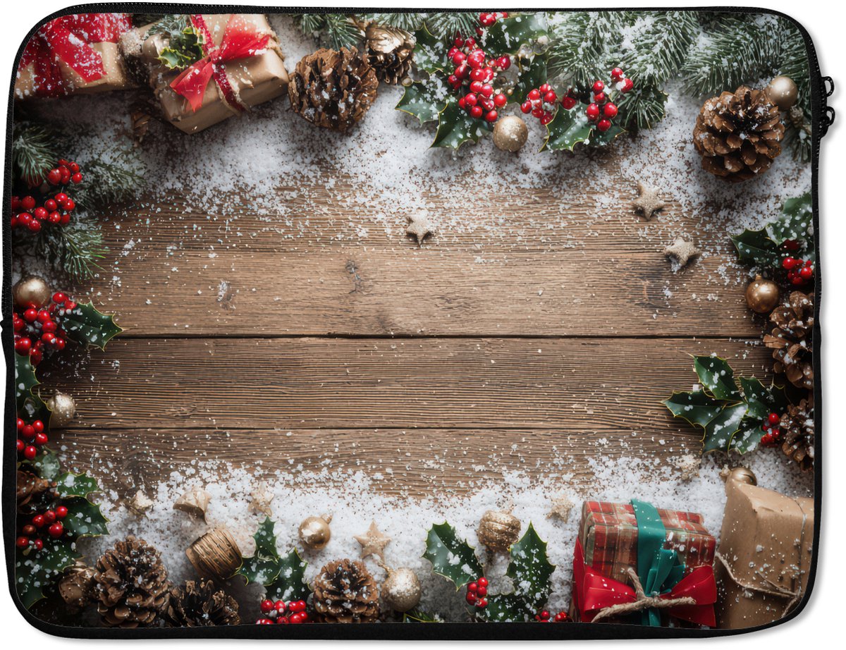Laptophoes 15.6 inch - Kerstdecoratie - Geschenken - Hout - Veelkleurig - Laptop sleeve - Binnenmaat 37x26 cm - Zwarte achterkant