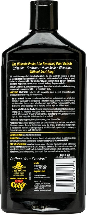 Achterkant van de fles Meguiar's Ultimate Compound met gedetailleerde productinformatie en instructies.