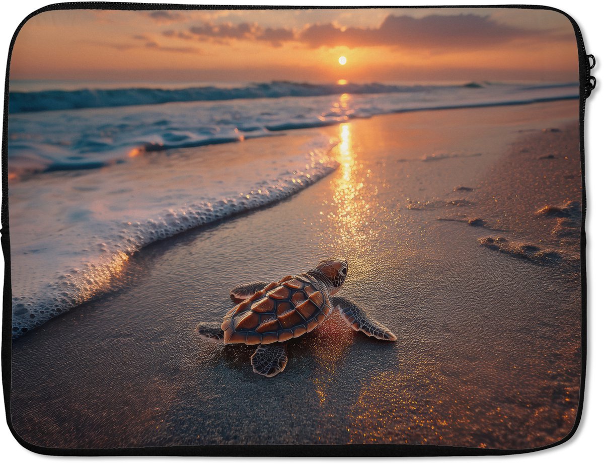 Laptophoes 17 inch - Schildpad - strand - Zonsondergang - Laptop sleeve - Binnenmaat 41x28 cm - Zwarte achterkant