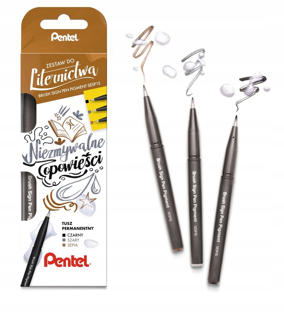 Pentel Brush Sign Pen Set voor Handlettering - Zwart, Grijs, Sepia