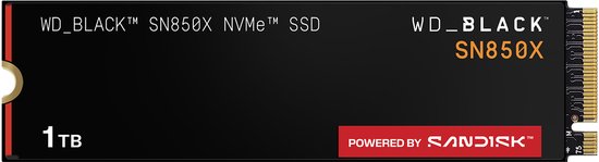 Zwarte WD BLACK SN850X SSD met rode accenten, "1TB" en "POWERED BY SANDISK" opdruk.