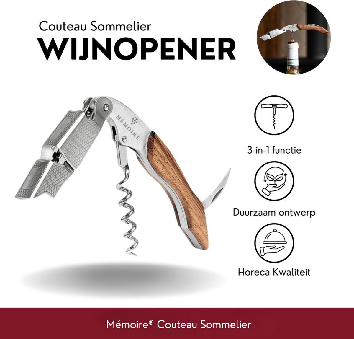 Mémoire® Couteau Sommelier Kurkentrekker - Wijnopener - Perfect cadeau voor wijnliefhebbers - 3 in 1 Kelnersmes - Kurkentrekker Wijn - Premium kelnermes van pakkahout met rosewood look - stijlvolle en functionele kurkentrekker - Horeca wijnopener — cadeau in Kookcadeaus - foto 2