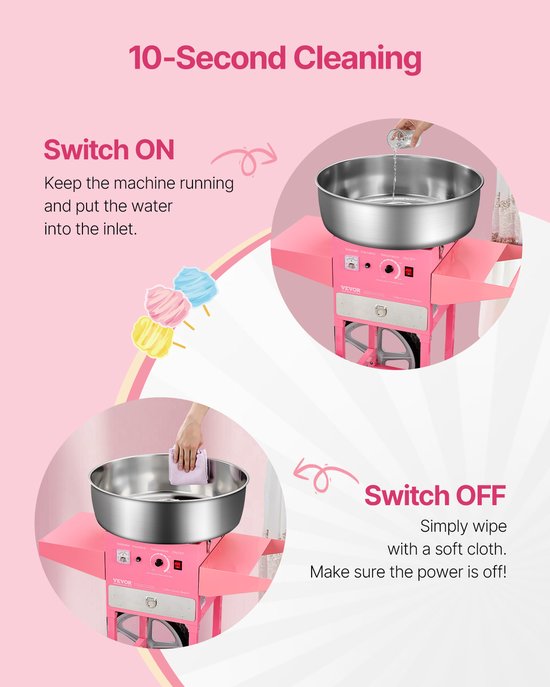 VEVOR Commerciële Suikerspinmachine met Kar Suikerspinmaker 1kW Roze — afbeelding 4