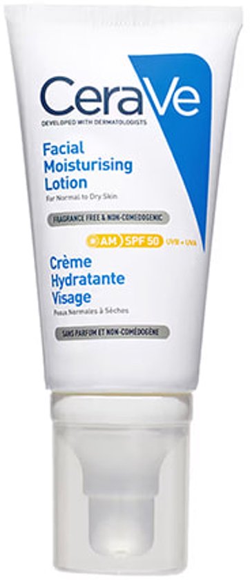 CeraVe Hydraterende Gezichtscrème SPF50 - voor Normale tot Droge Huid - met 3 Essentiële Ceramiden -52ml