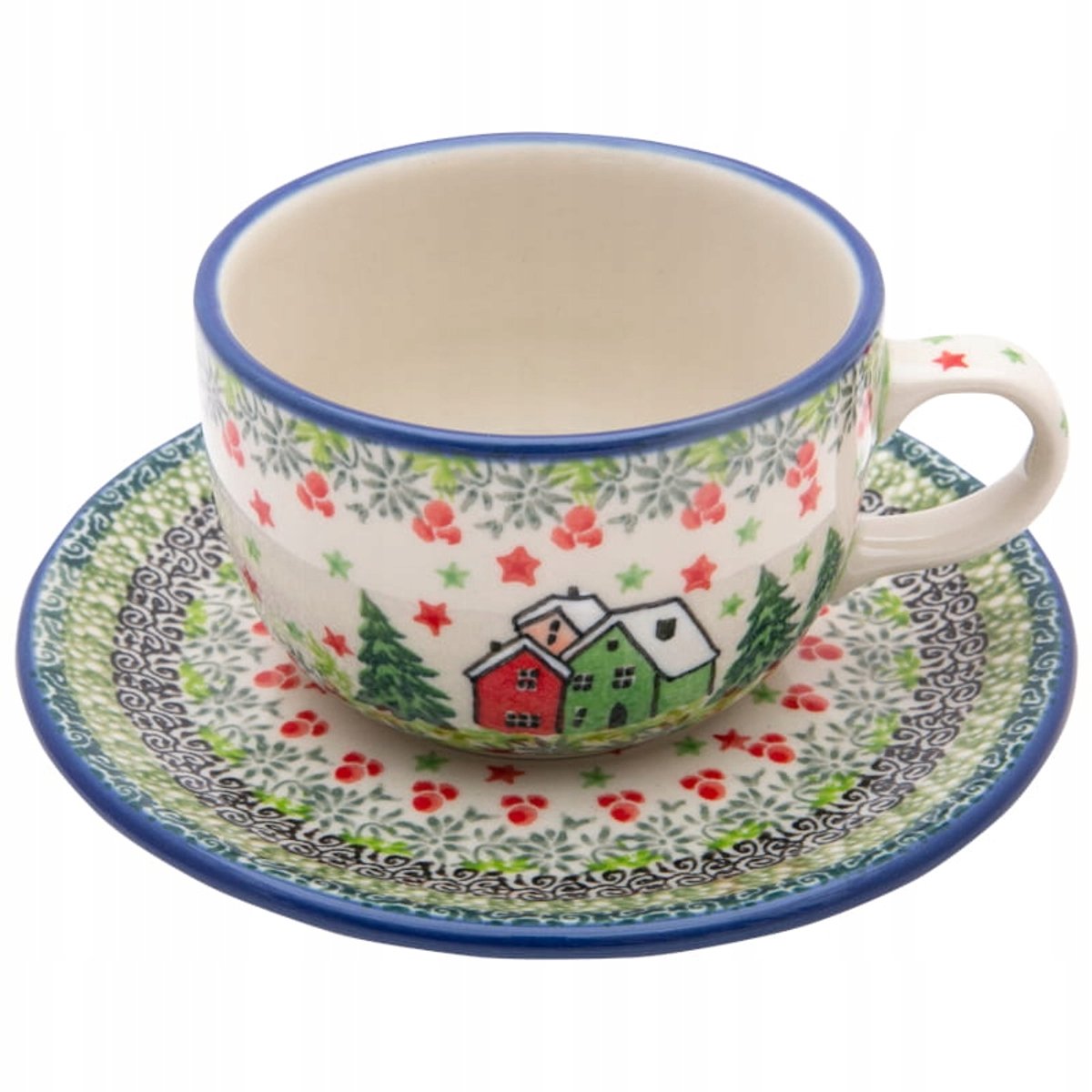 Bolesławiec Handgemaakte Kop & Schotel 200 ml - Uniek Winter Design