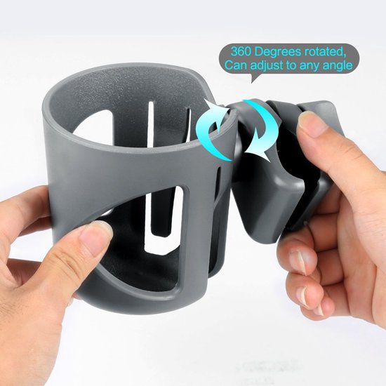 Universele bekerhouder, bekerhouder voor kinderwagens, 360° draaibare, groot kaliber flessenhouder voor kinderwagen, fiets, rolstoel, rollator, scooter, grijs — afbeelding 4