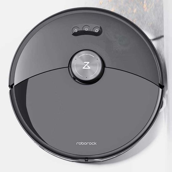 Grijze ronde robotstofzuiger met 'Z' logo op de bovenkant, tegen een lichte achtergrond.