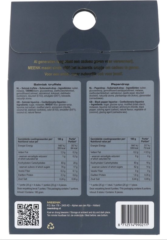 Achterkant van de grijze verpakking met gouden details, informatie over de inhoud en ingrediënten.