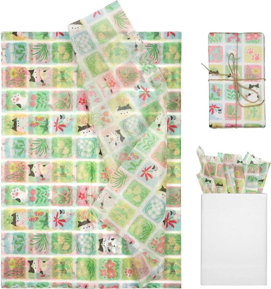 JHubers Goods - 30 Vel Vloeipapier, 50x35cm Schattig Inpakpapier voor Verjaardagen Babyshowers - Groene Kat Patroon