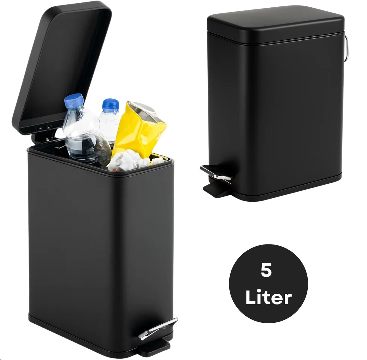 Lomera Pedaalemmer Zwart - 5 Liter Prullenbak - Mat Zwart - Pedaalemmer met Voetpedaal - Losse Binnenemmer - Metaal Afvalbak - Afvalemmer - Draagbeugel Achterzijde - Compacte Prullenbak - Kleine Vuilnisbak