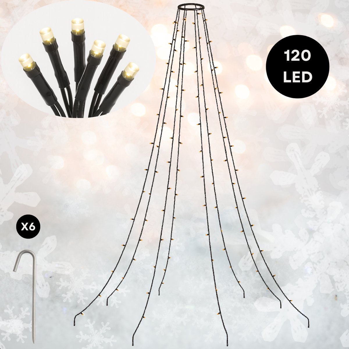 Lomera Vlaggenmast Verlichting - 120 LED - Warm Wit - Kerstverlichting - Binnen en Buiten - Led Lampjes - Ip44 - 6 Strengen - Inclusief Haringen - Vlaggenmast Kerstboom - 3V LED